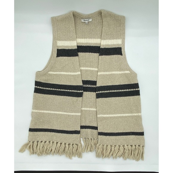 Madewell Striped Knit Vest Fringe Tan Navy White S M - Picture 9 of 10